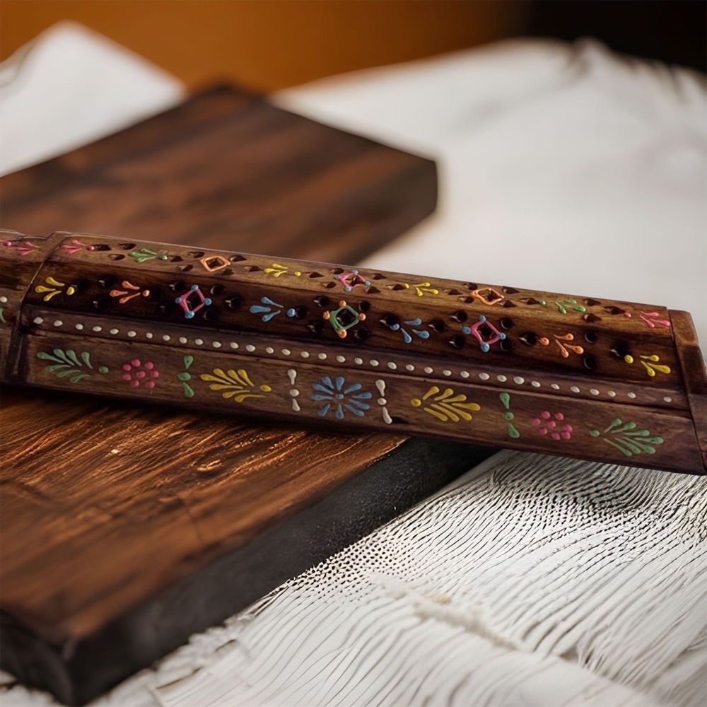 Hand Carved Painted Wooden Incense Box Holder w/ side Storage Container …